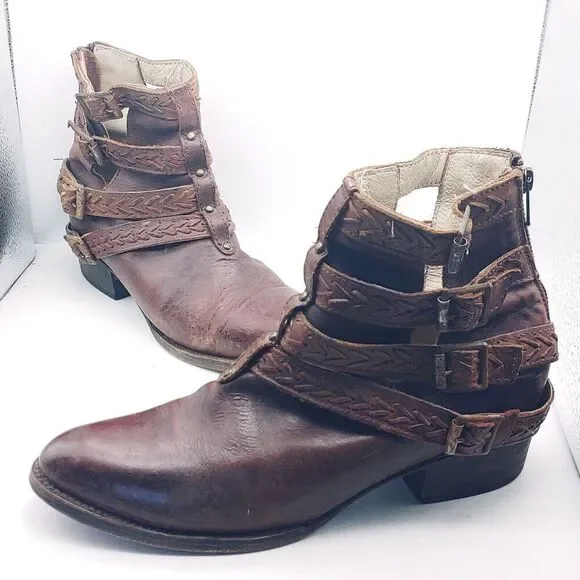 Freebird Women's Almond Toe Braided Buckled Straps Brown Leather Ankle Boots 10 - Picture 4 of 11